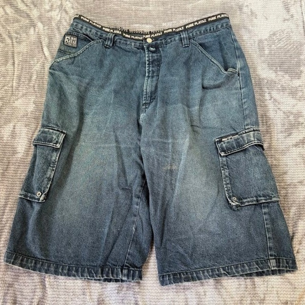Vintage Pure Playaz Baggy Denim Cargo Shorts Blue Y2K Hip Hop Mens 40x12